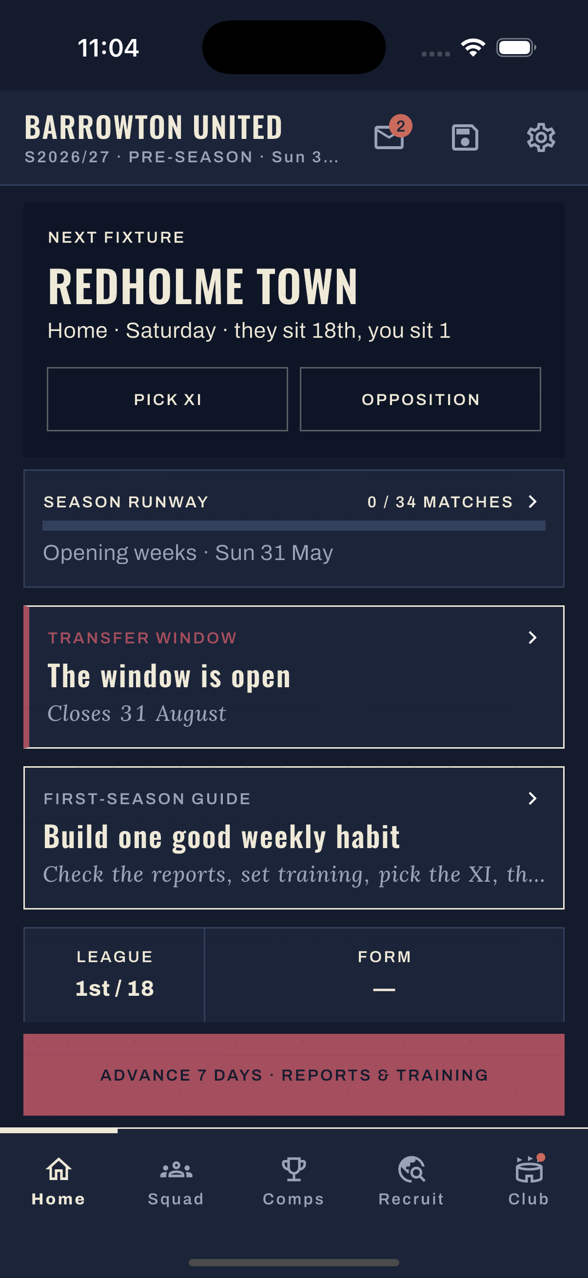 Grassroots Football club dashboard — captured from the iPhone simulator with a fictional club
