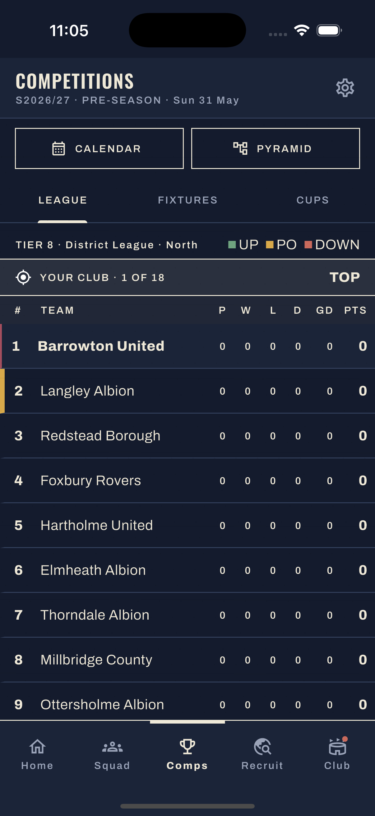 Grassroots Football league standings — captured from the iPhone simulator with a fictional club